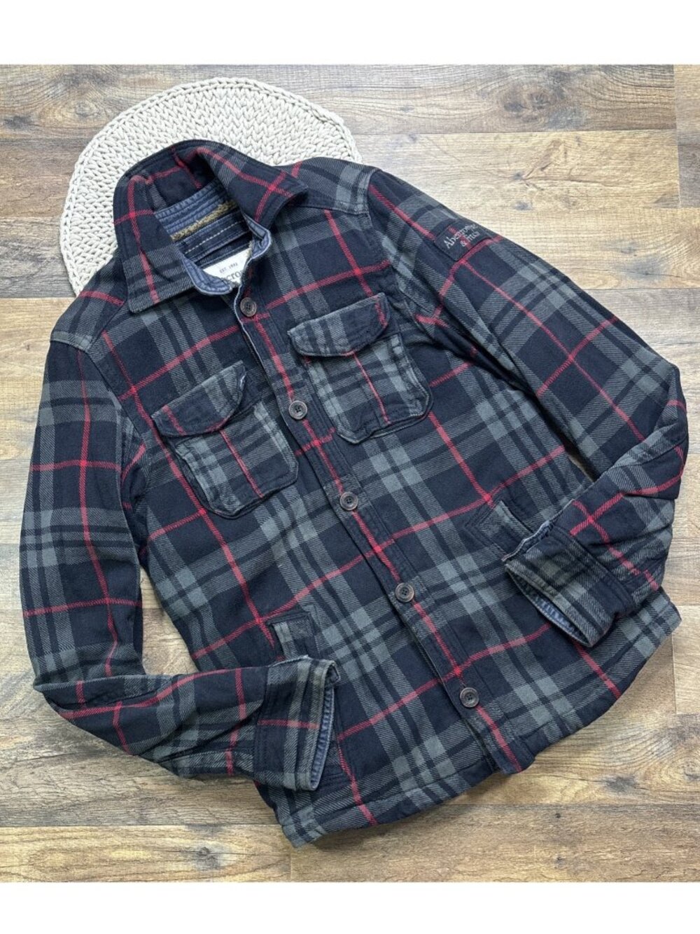 Abercrombie & Fitch Stony Creek Plaid Shacket Sherpa Lined Black Gray Mens Large